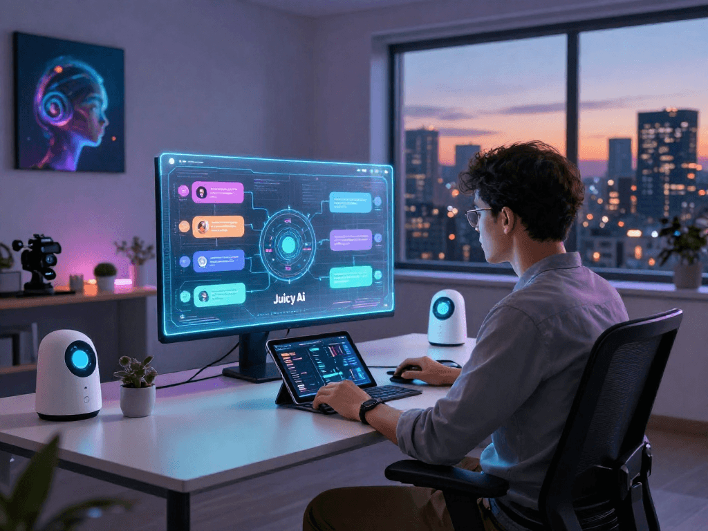Dynamic tech workspace with user interacting with Juicy ai holographic chat interface, futuristic environment showcasing innovation.
