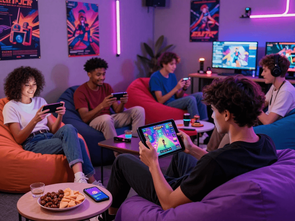 Players engaged in a lively hentai game session in a vibrant gaming lounge setting, showcasing diverse interactions and colorful graphics.