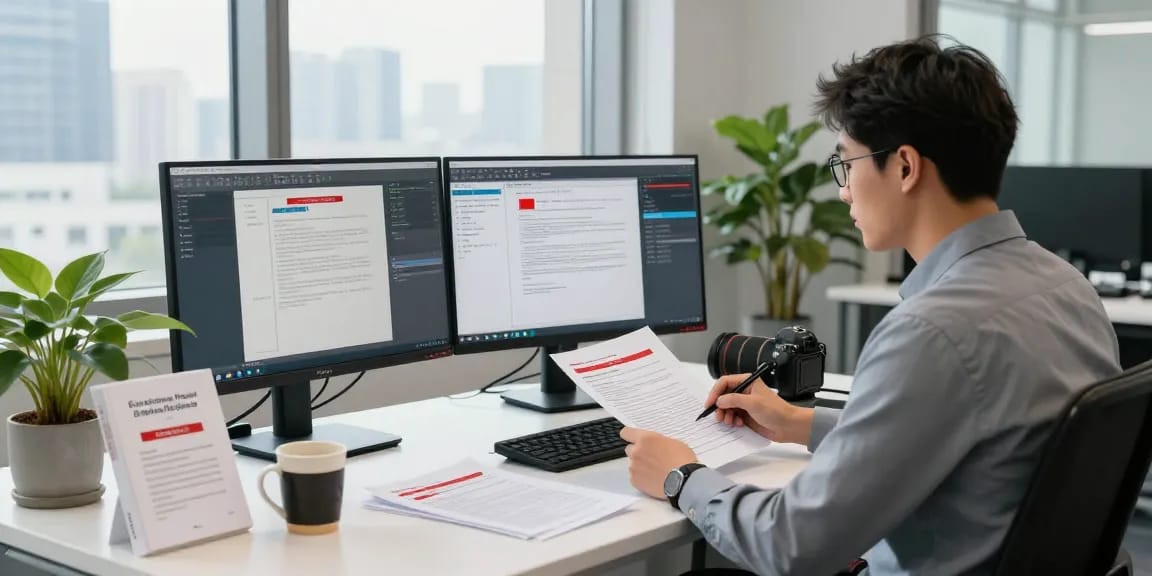 Professional analyzing document fraud detection processes in a modern office environment.