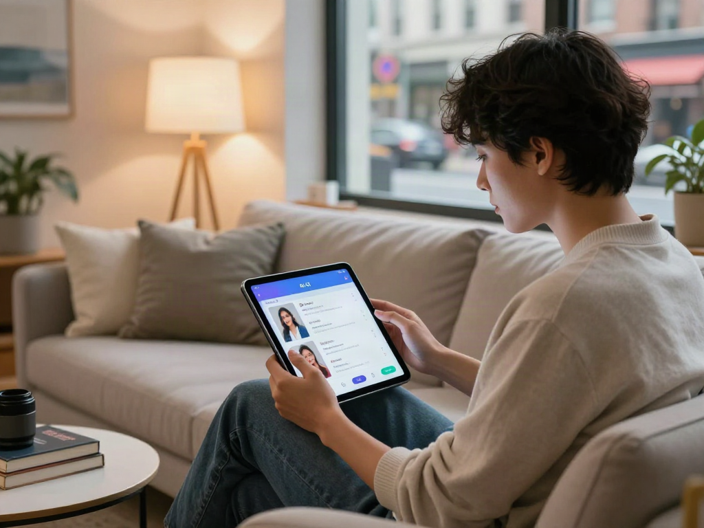 Engaging scene of a person interacting with an AI gf app in a cozy urban setting, showcasing modern technology.