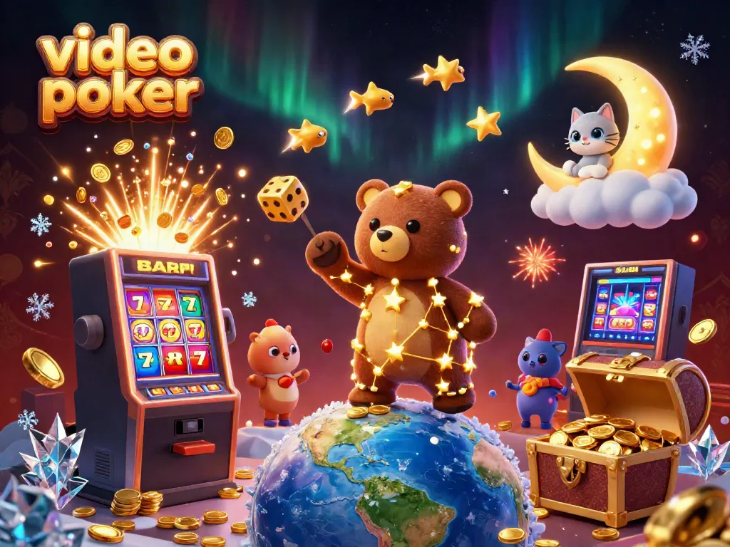 Experience the excitement of video poker online with a colorful 3D scene featuring iconic casino symbols.