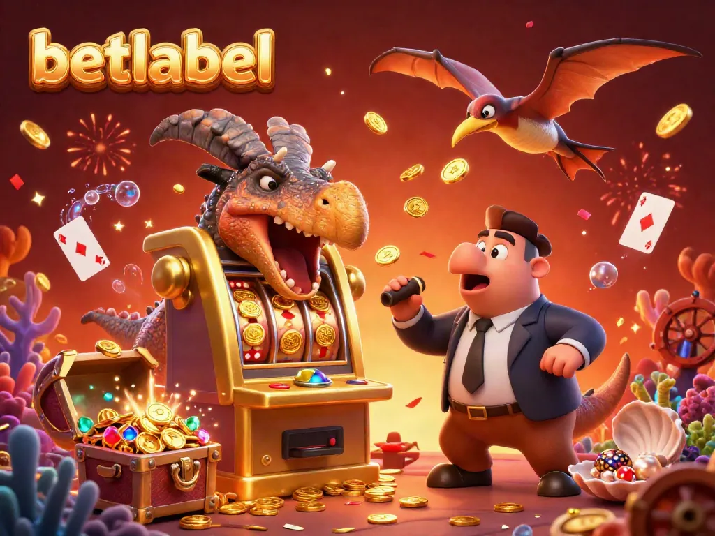 Betlabel casino scene with dinosaur-themed characters hitting a jackpot, celebrating with golden coins and dynamic decorations.