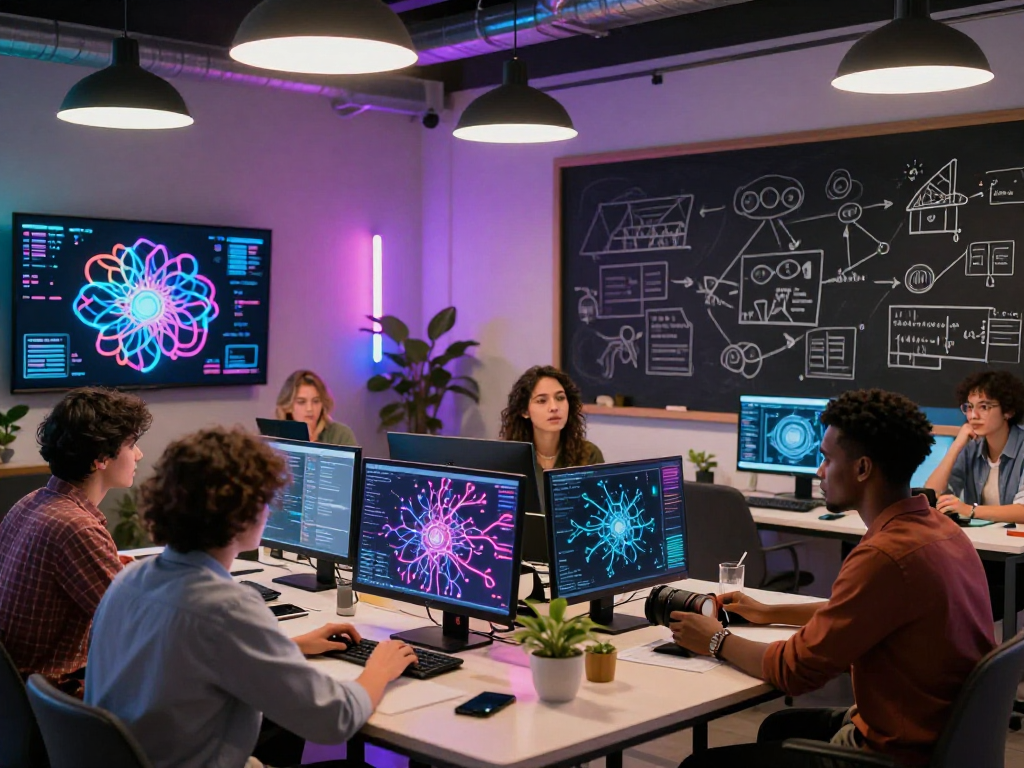 Dynamic coworking scene with diverse individuals discussing sluts ai technology in a modern workspace