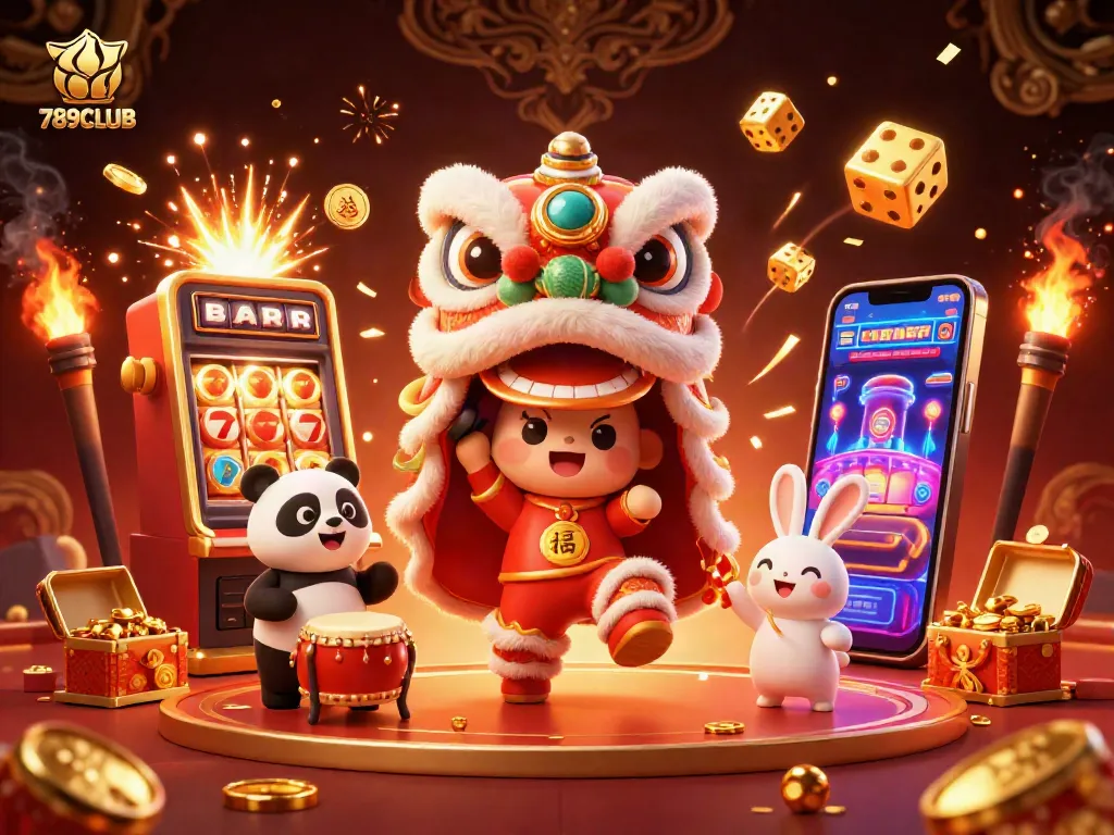 Experience the lively celebration of 789CLUB with a vibrant lion dance, fireworks, and slot games.