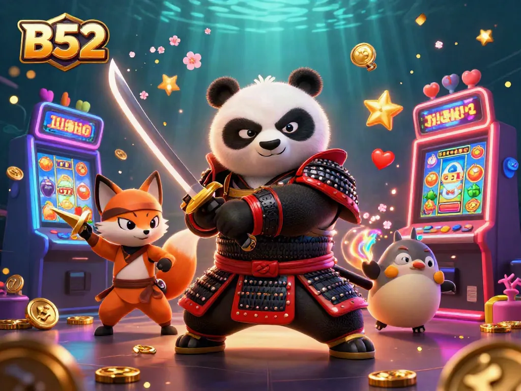 B52 slots illustration featuring a samurai panda and ninja fox surrounded by colorful slot machines and gaming elements.