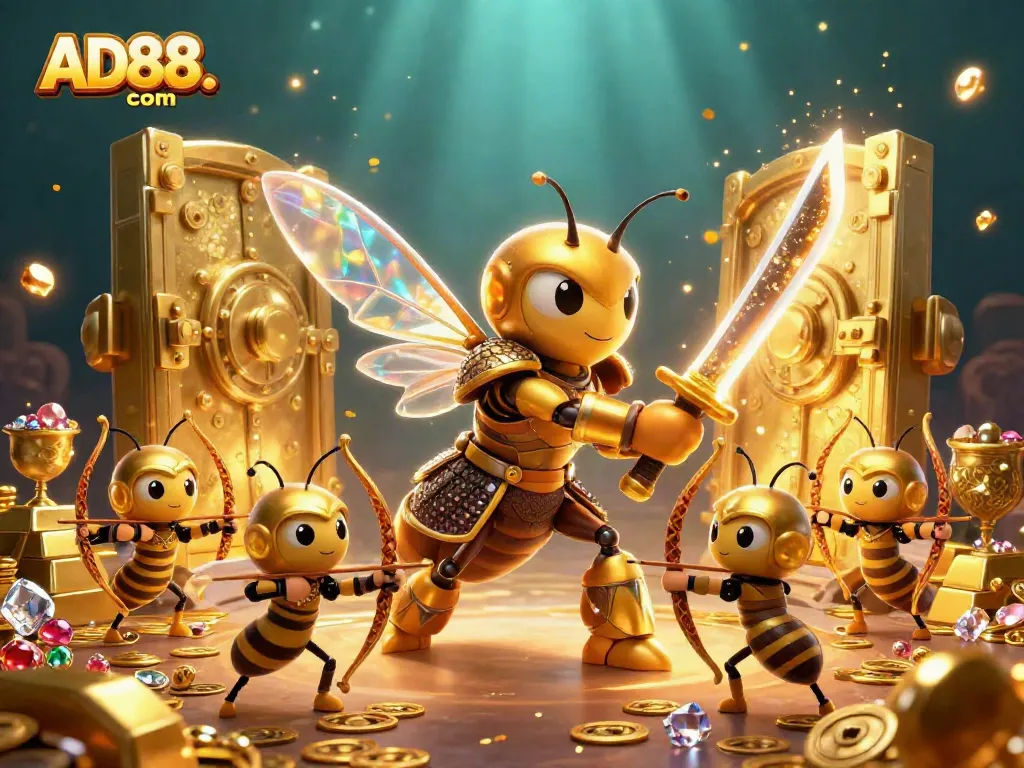 Bet on AD88. com with a captivating 3D illustration of a golden hornet samurai amidst treasure and gaming elements.