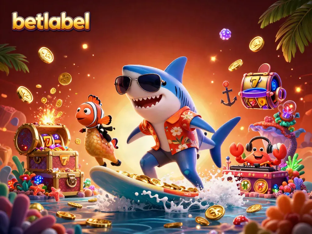 Win big with Betlabel in this vibrant underwater casino-themed 3D illustration featuring fun characters and gaming elements.