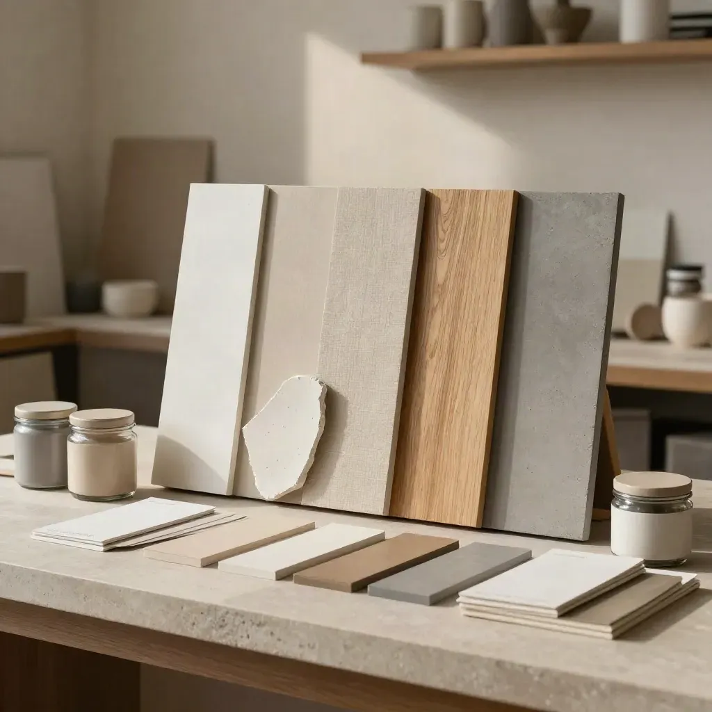 Tavola colori con campioni di finiture in un atelier di interior design, tono sabbia e legno.