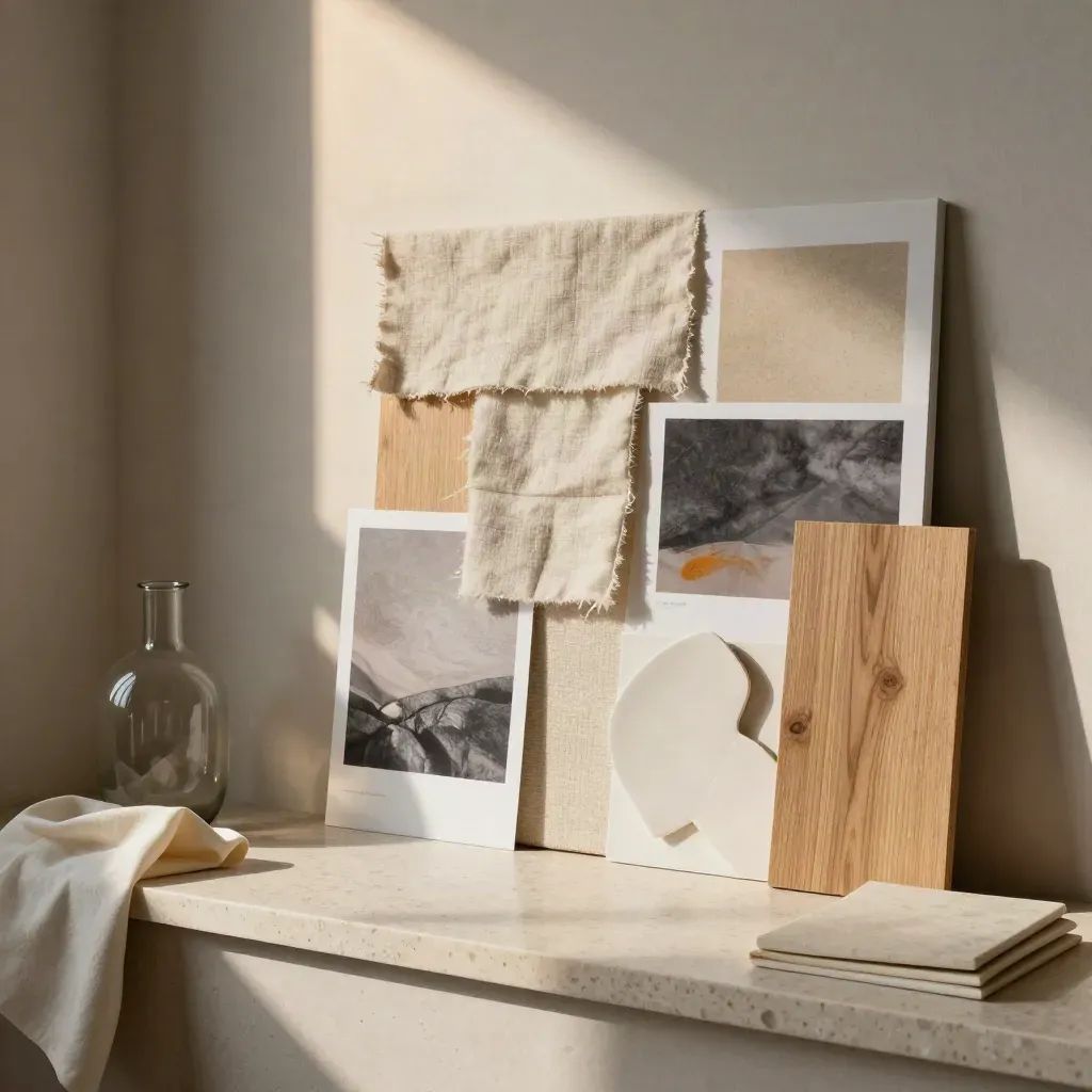 Moodboard fisico con tessuti, ceramiche e legno di rovere in un angolo caldo.