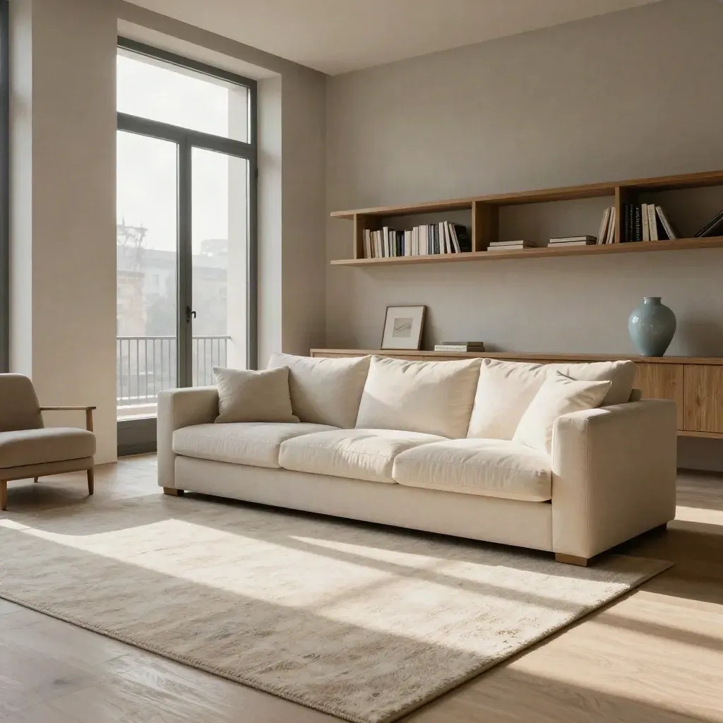 Salotto milanese luminoso con divano avorio, poltrona sabbia, libreria bassa e luce blu tenue.