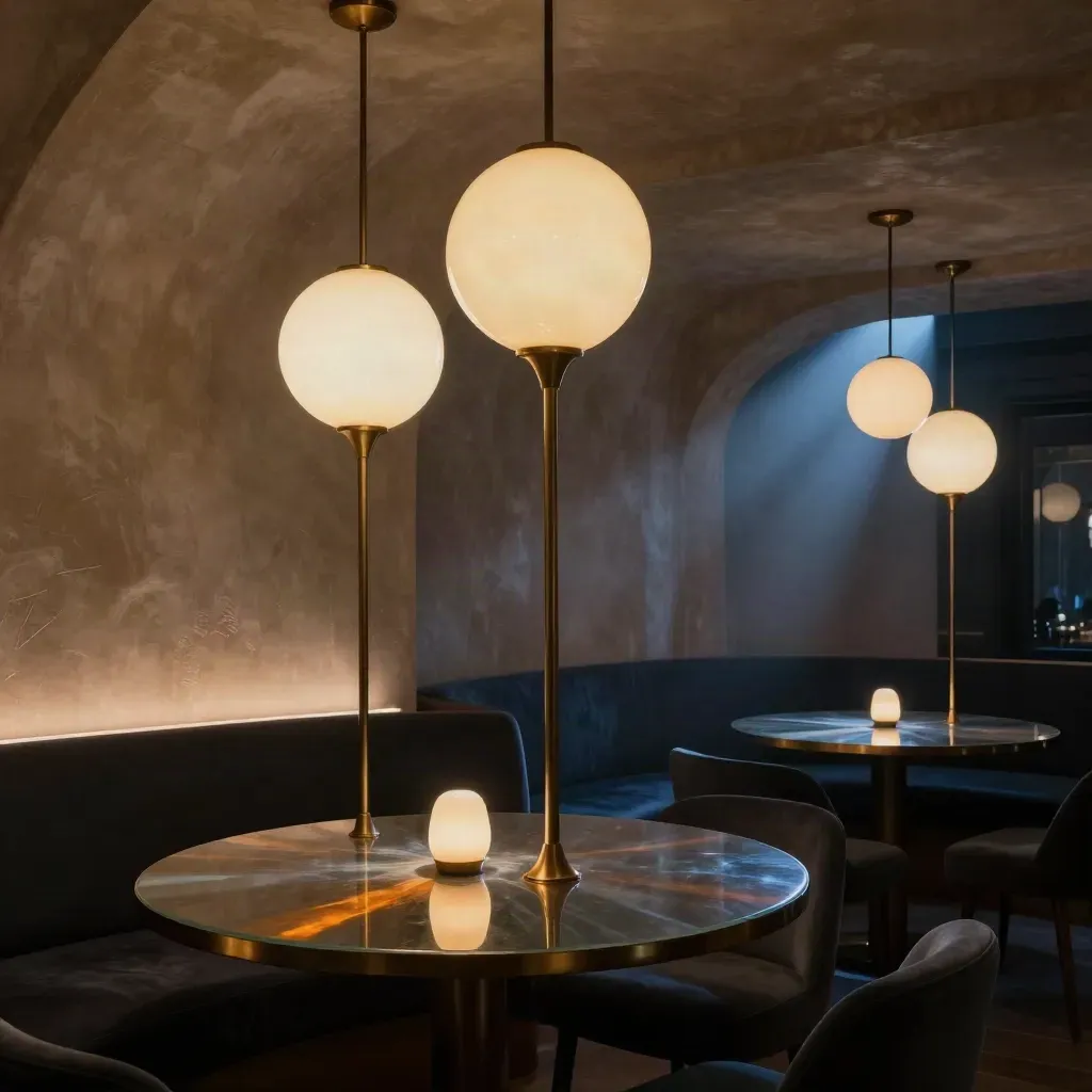 Lounge elegante con sospensioni opaline, luce calda a parete e tavoli vuoti pronti all’apertura.