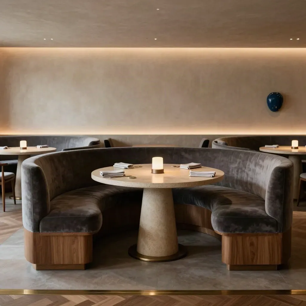 Lounge elegante con tavoli tondi, velluto scuro, lanterne opache e parete sabbia pronta per la sera.