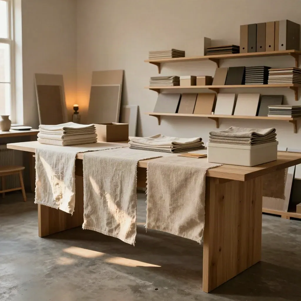 Studio creativo ordinato con tessili neutri e scaffali essenziali.