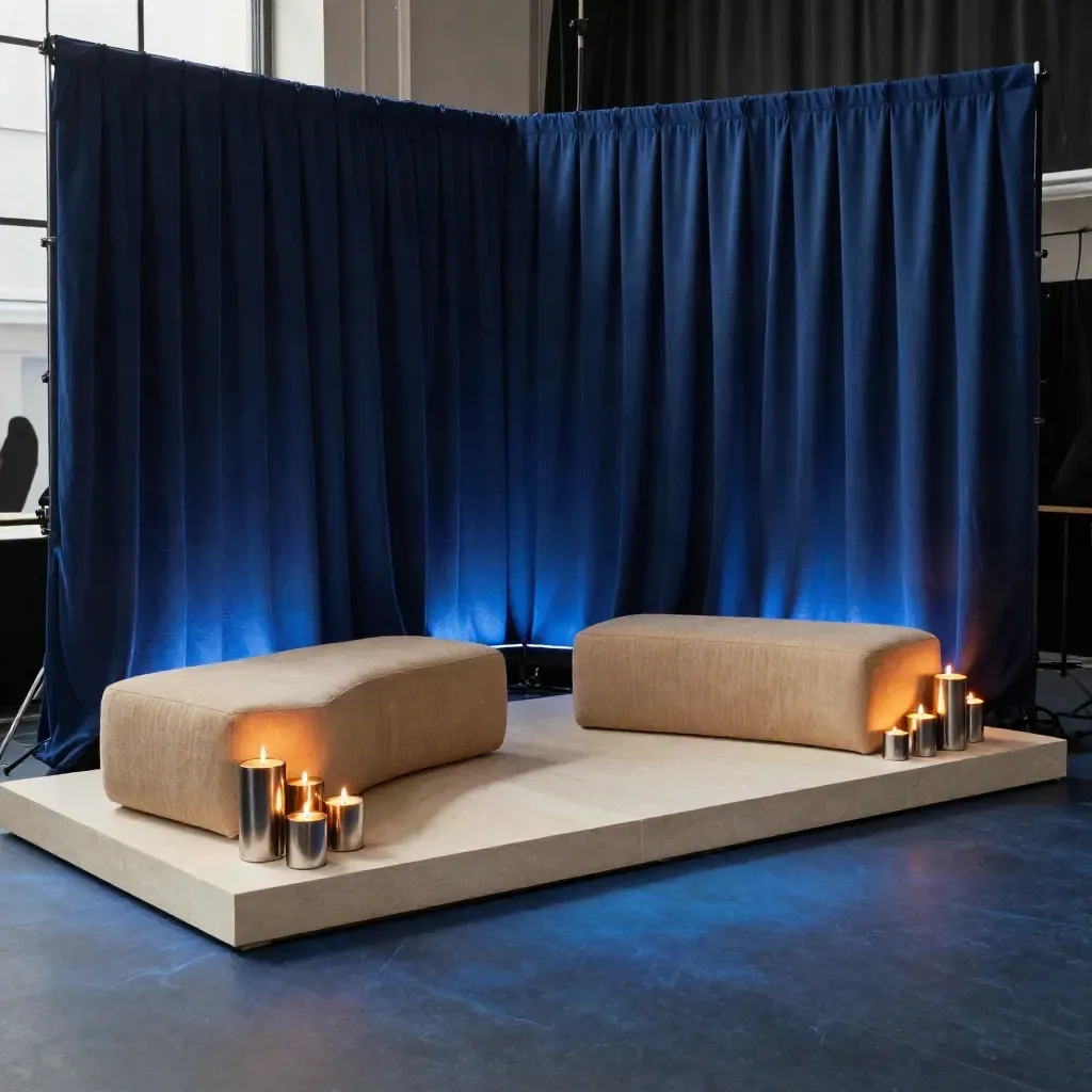 Allestimento blu elegante con fondale tessile, sedute e candele accese