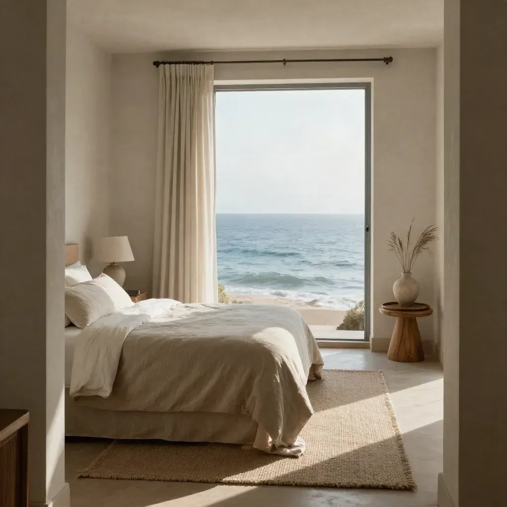 Camera luminosa sul mare con letto ordinato, tende leggere e comodino in rovere.
