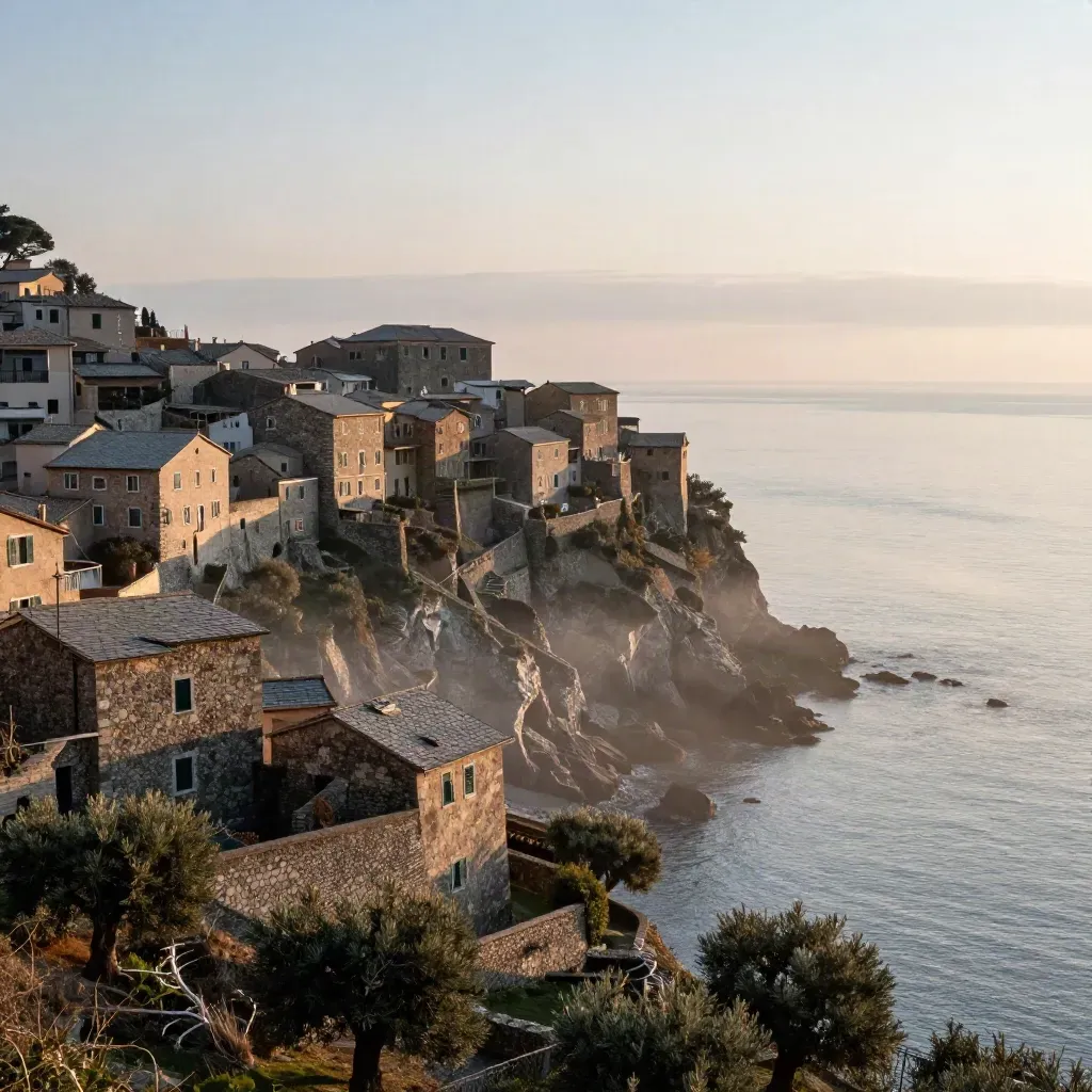 Borgo di pietra ligure su promontorio, mare calmo e ulivi nella foschia dell’alba.
