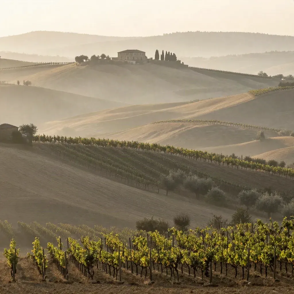 Colline del Piemonte con vigneti, cascina isolata e nebbia mattutina in luce soffusa