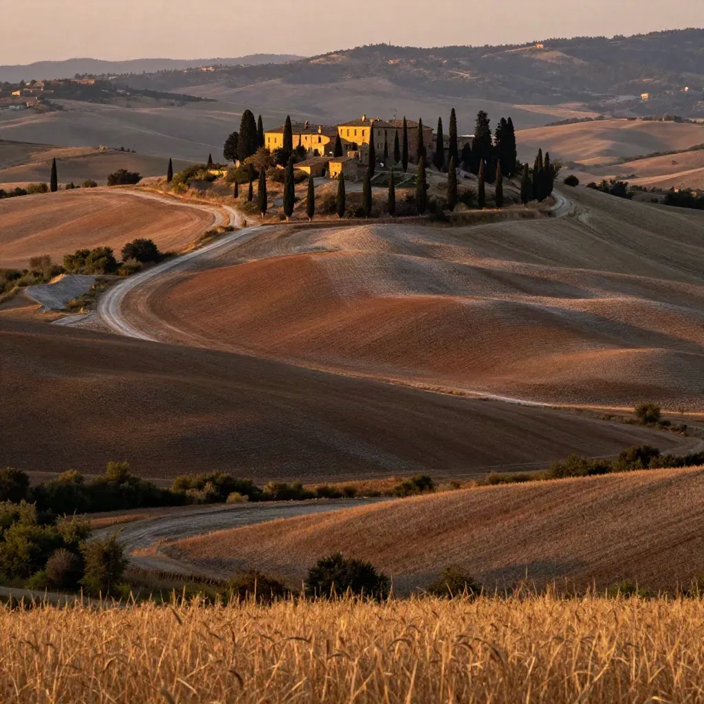 Val d’Orcia dorata con cipressi, campi morbidi e borgo in cima alla collina