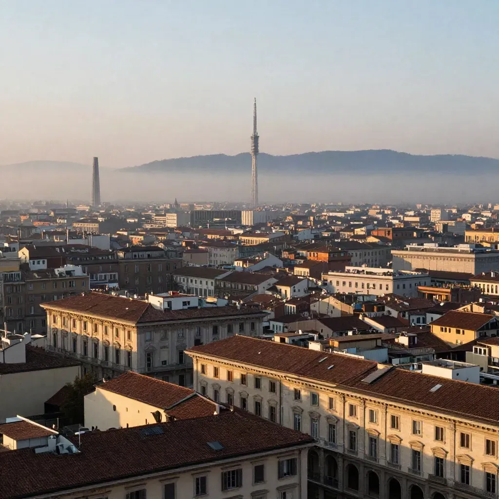 Milano all’alba nella nebbia, skyline alto e piano basso morbido per il testo.