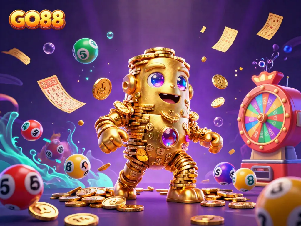 Join the excitement at GO88 with vibrant lottery balls and a golden golem in a dynamic casino scene.