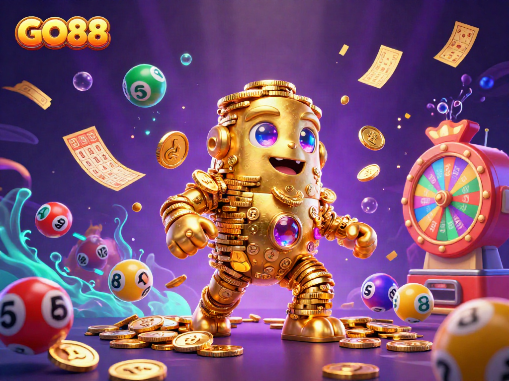 Join the excitement at GO88 with vibrant lottery balls and a golden golem in a dynamic casino scene.