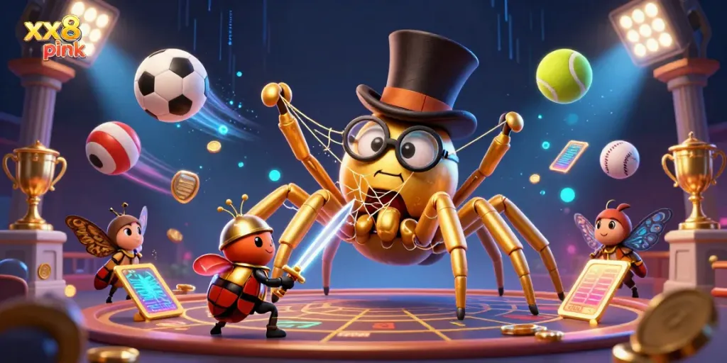 Experience thrilling online thrills with xx8 pink at the dynamic casino scene featuring a golden tarantula.