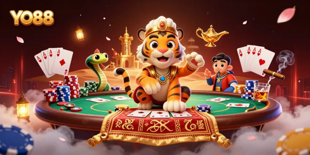 Experience YO88 with a vibrant, rich casino scene featuring the tiger sultan and dynamic game elements.