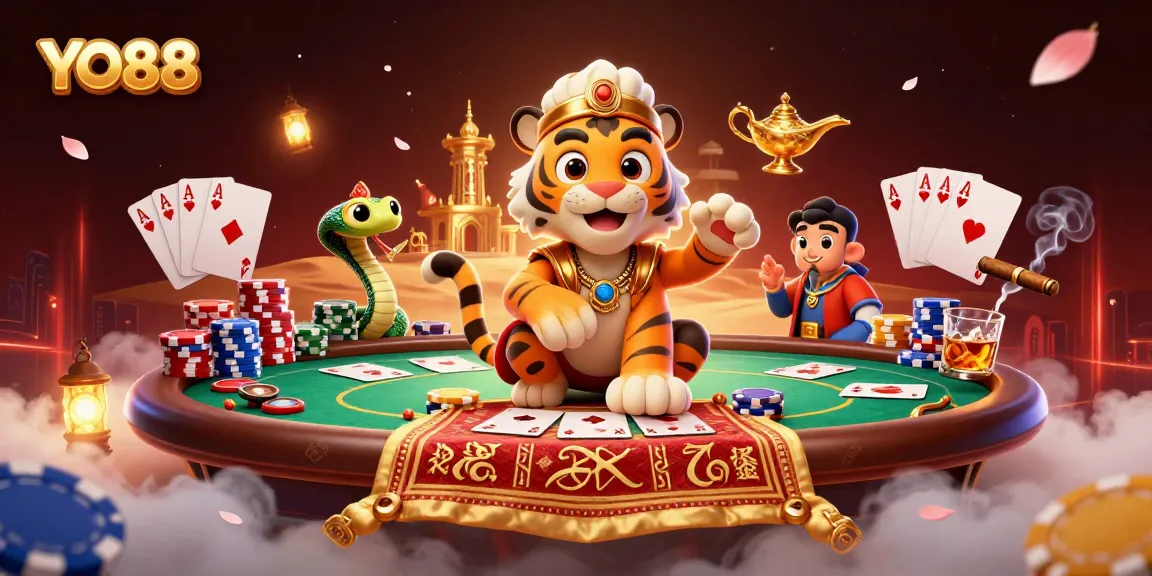Experience YO88 with a vibrant, rich casino scene featuring the tiger sultan and dynamic game elements.