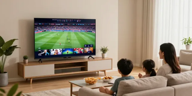 Family enjoying abbonamento IPTV in a cozy living room while streaming sports and movies.