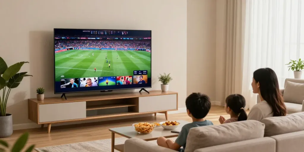 Family enjoying abbonamento IPTV in a cozy living room while streaming sports and movies.