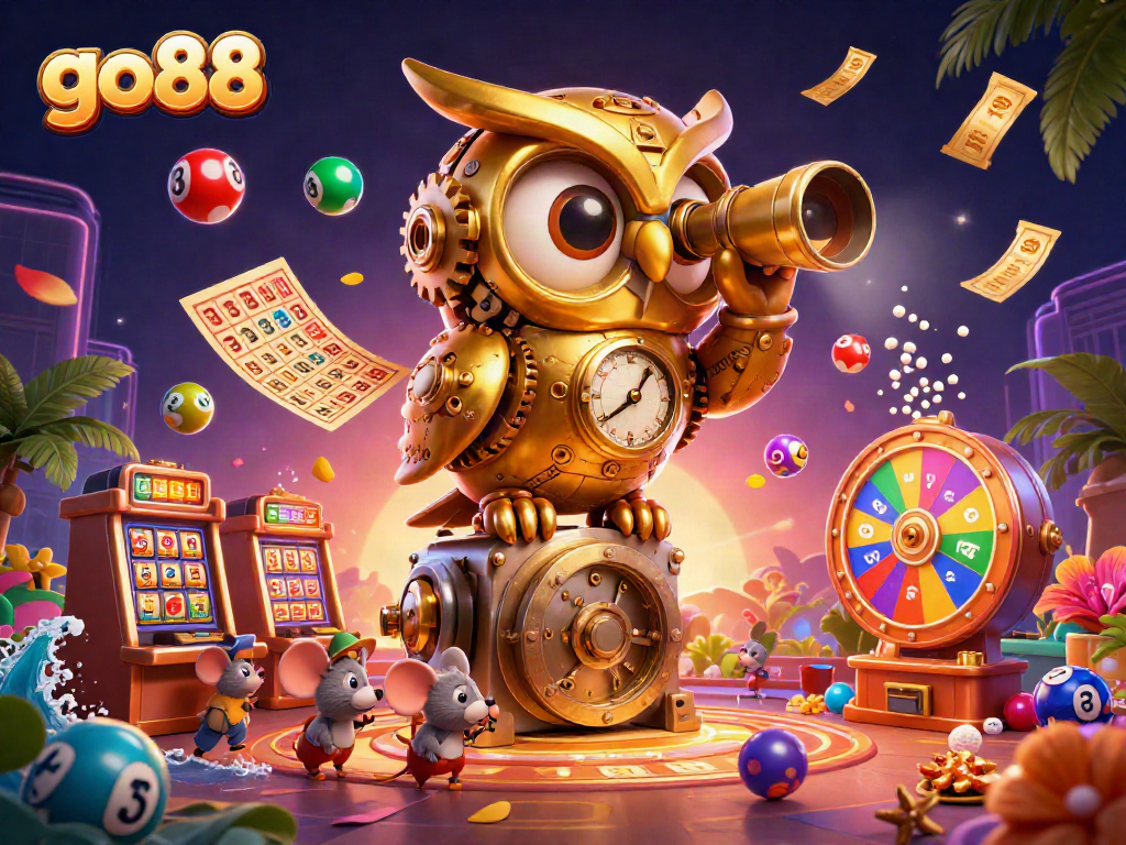 Experience the excitement at go88 with a vibrant animated casino scene full of lottery elements and 3D characters.