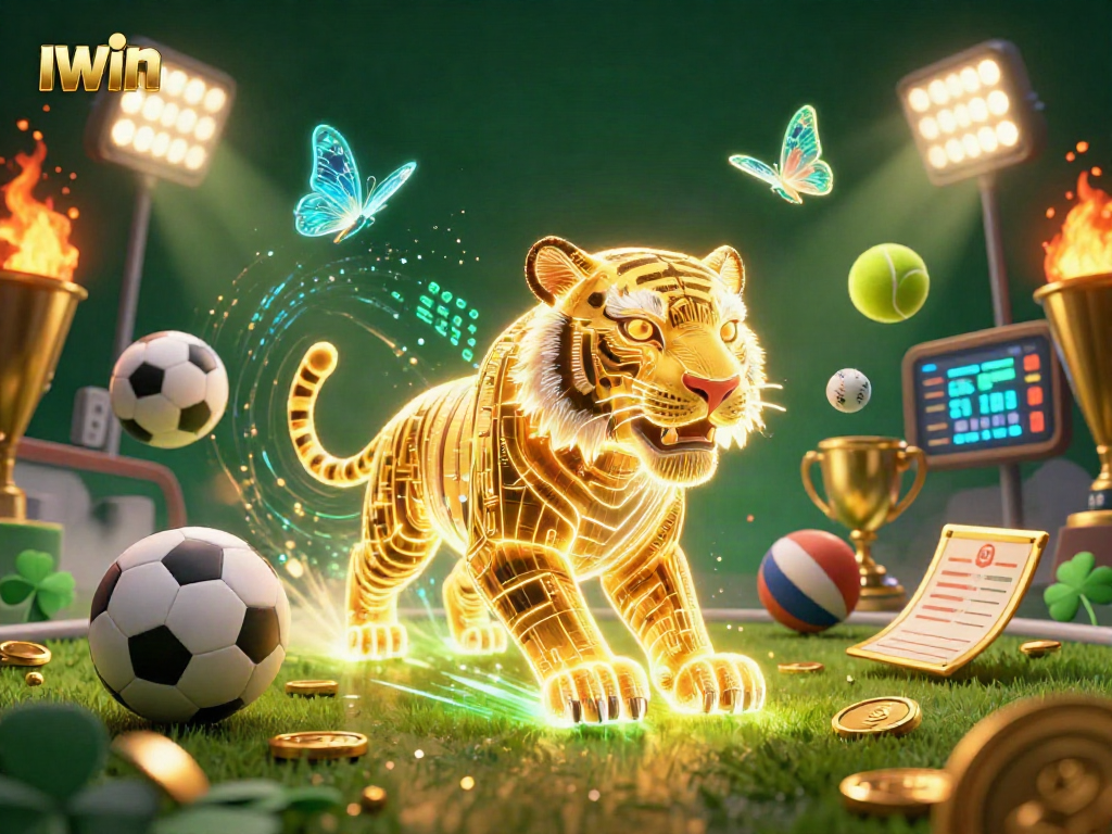 IWIN showcases thrilling sports betting excitement with neon elements and golden characters.