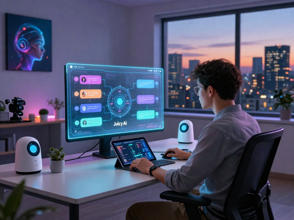 Dynamic tech workspace with user interacting with Juicy ai holographic chat interface, futuristic environment showcasing innovation.