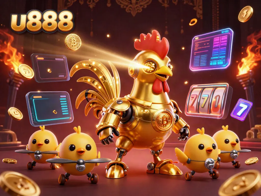 Experience the exciting world of u888 with a golden robot and vibrant 3D casino elements.